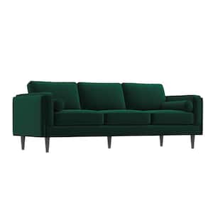 Hudson 86 in. W Square Arm Mid Century Modern Furniture Style Velvet Living Room Straight Couch in Dark Green