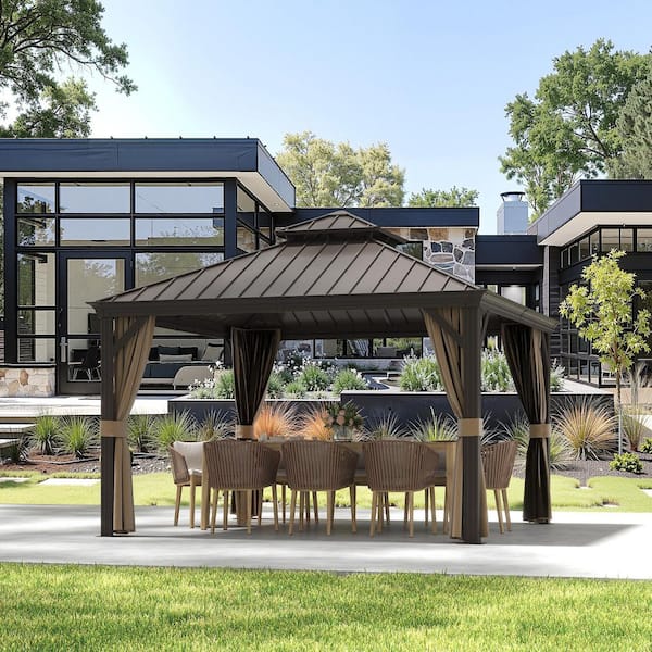 12 ft. x 12 ft. Aluminum Hardtop Outdoor Gazebo with Double Galvanized Steel Roof,Included Mosquito Netting and Curtains