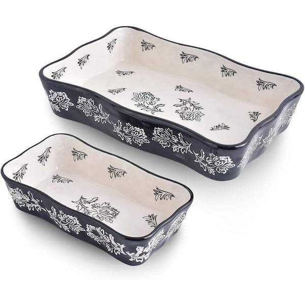 Ceramic Rectangular Casserole Dish Bakeware Set with Wavy Side Pattern High Temperature Resistant 2-Pcs