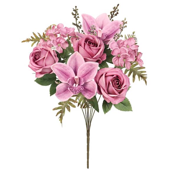 16 in. Plum Mauve Purple Artificial Mixed Rose Cymbidium Orchid Hydrangea Flower Stem Bush Bouquet (Set of 2)