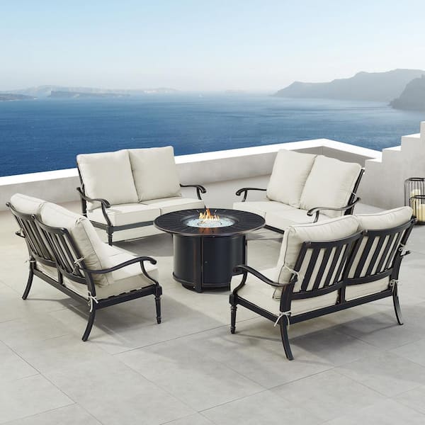 Black 5-Piece Aluminum Patio Fire Pit Set with Light Grey Cushions