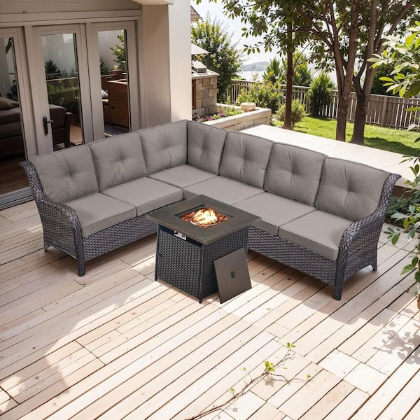 moosprr 3-Piece Brown Wicker Fire Pit Conversation Set with Olefin Gray Cushions and L-Shaped Sofa/Fire Pit Table