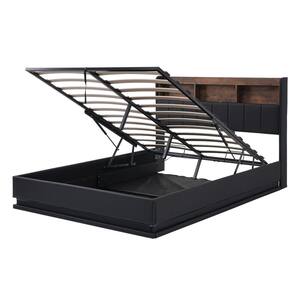Black Wood Frame Queen Size PU Platform Bed with Storage Headboard, Hydraulic Storage System, LED Lights and USB Ports