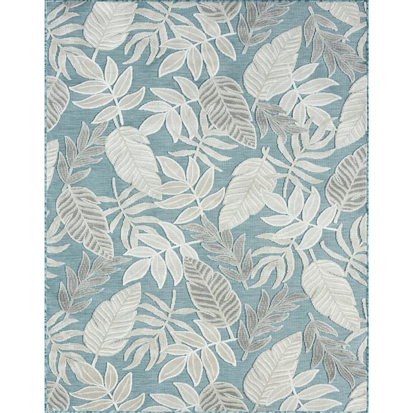 Tayse Rugs Tropic Floral Aqua 2 ft. x 3 ft. Indoor/Outdoor Area Rug, Blue