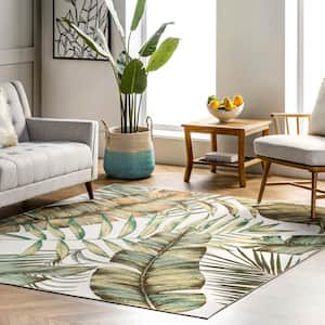 Elen Machine Washable Natural Leaves Olive 8 ft. x 10 ft. Indoor Area Rug