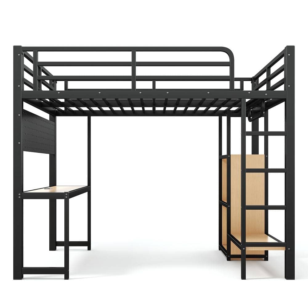 Black Full Metal Loft Bed with Desk, Storage Shelves, USB Ports, Lights, and Hanging Rod durable construction price history on PriceWatchPro