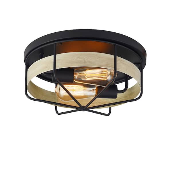 KAWOTI 13 in. 2-Light Matte Black Drum Flush Mount with Wood Finish Shade