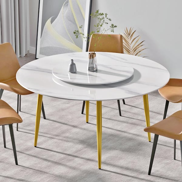 Magic Home 59.05 in. Modern Round White Rotary Lazy Susan Sintered Stone Dining Table with Gold Carbon Steel Legs (Seat 8)