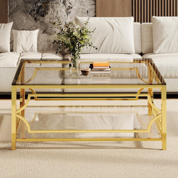 JUJABU 33.5 in. Transparent Gold Square Glass Coffee Table with