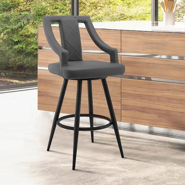 HomeRoots 25 in. Gray High Back Metal Bar Stool with Faux Leather Seat