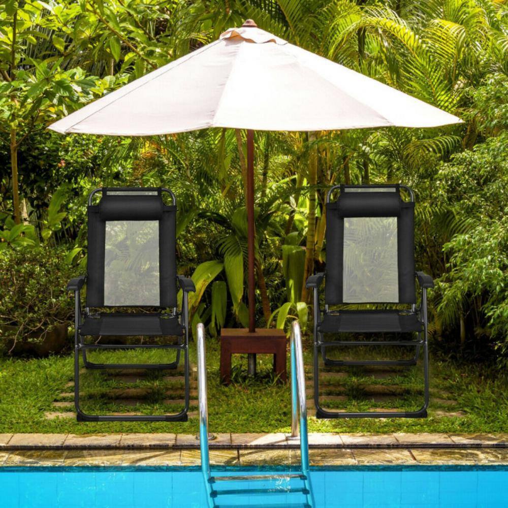 Black Adjustable Reclining Folding Patio Chairs with Headrests, Set of 4