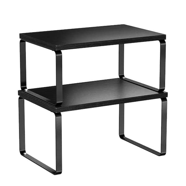 Set of 2 Black Countertop Stackable Kitchen Organizer Wood Metal Expandable Spice Rack Storage Riser Set