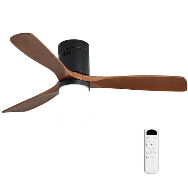 52 in.Indoor/Outdoor Flush Mount Black LED Ceiling Fan with 3-Reversible Wood Blades, 6-Speed DC Remote Control