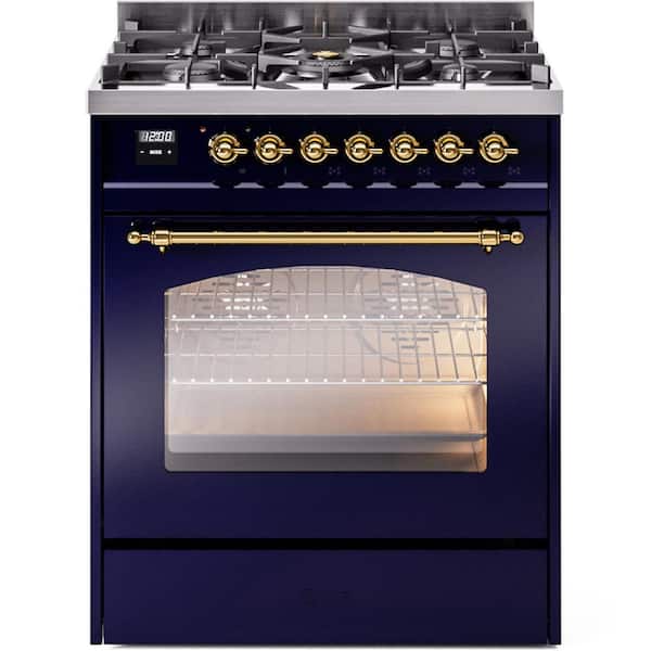 Nostalgie II 30 in. Dual Fuel Liquid Propane Range with 5 Burners, Brass Trim in Midnight Blue