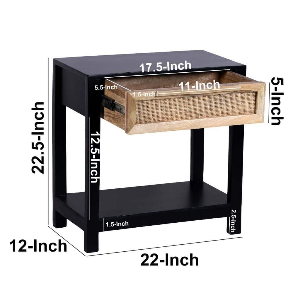 Tia 22 Inch Black Pine Wood Side Table with Rattan Drawer