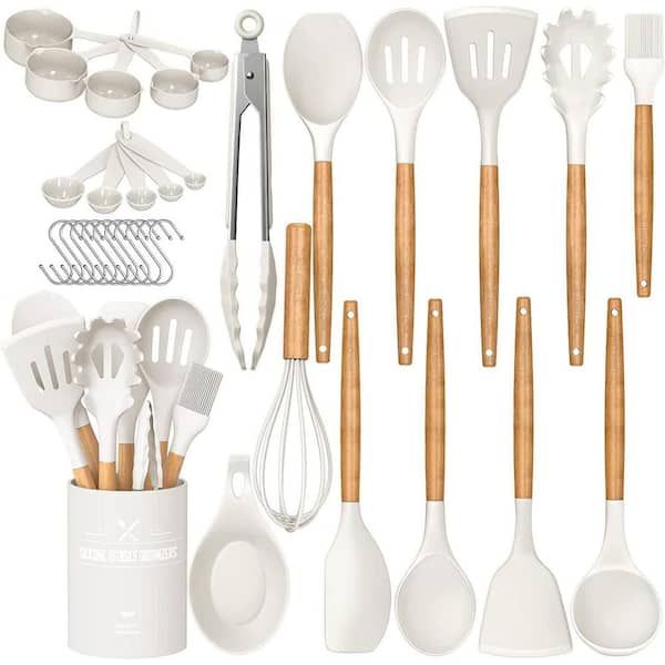 33-Piece Kitchen Cooking Utensils Set, Non-Stick Silicone Cooking Kitchen Utensils Spatula Set with Holder, Cream