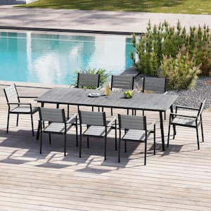 Gray 9-Piece Aluminum Rectangular 94.5 in. Table Outdoor Dining Set with Armchairs