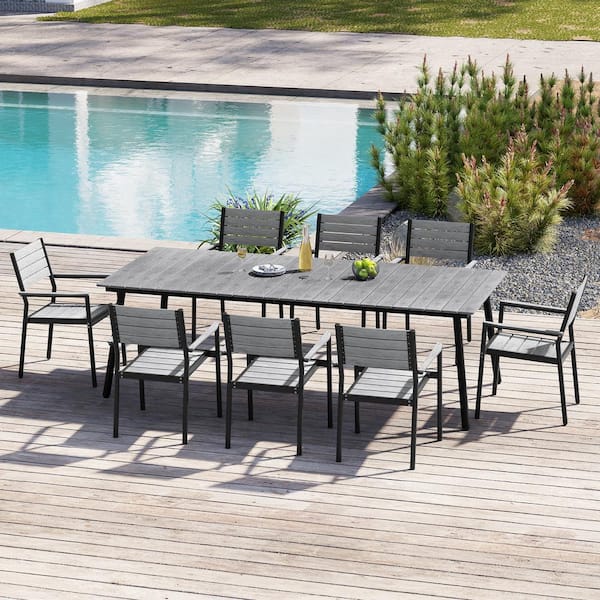 Crestlive Products Gray 9-Piece Aluminum Rectangular 94.5 in. Table Outdoor Dining Set with Armchairs