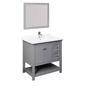 Manchester 36 in. W Bathroom Vanity in Gray with Quartz Stone Vanity Top in White with White Basin and Mirror
