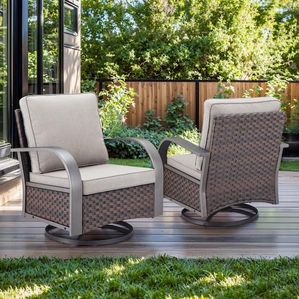 Opohoro ArcMetal Metal and Brown Wicker Outdoor Rocking Chair Patio Swivel Chairs with Olefin Beige Cushions (2-Pack)