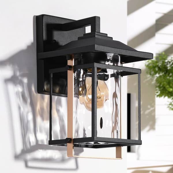 Uolfin Black and Brass Outdoor Hardwired Wall Lantern Sconce with Water-Rippled Glass Shade