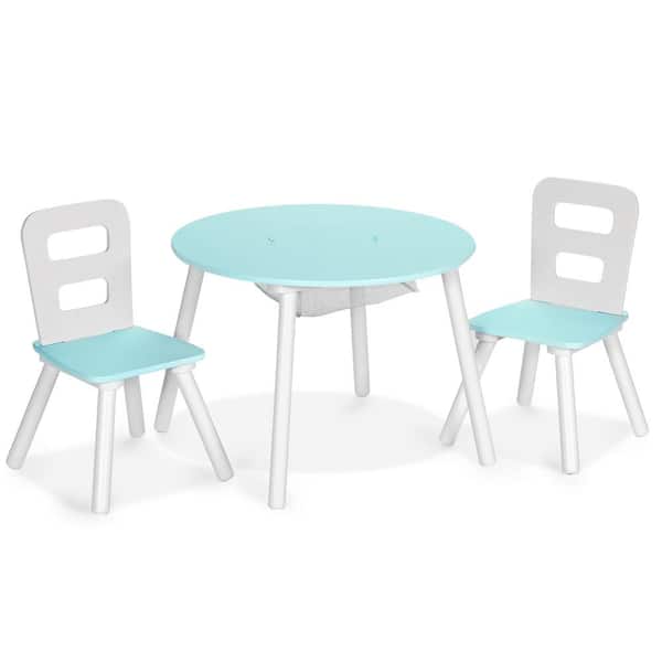 Costway Kids Wooden Green Round Table and 2 Chair Set with Center Mesh Storage