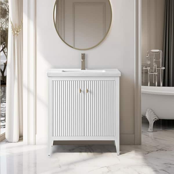 Vanity Art 30 in. W x 18.5 in D x 34 in. H Single Sink Bathroom Vanity Cabinet in Linear White with Ceramic Top