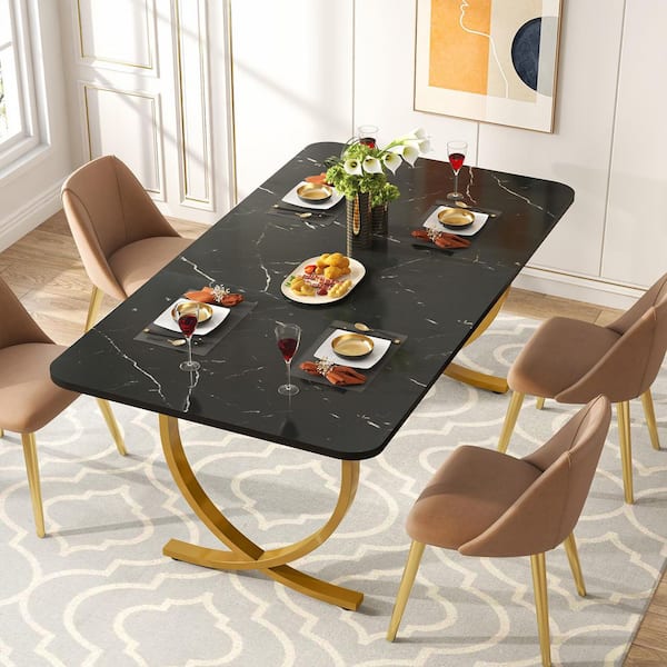 Delilah Modern Black Gold Wood 63 in. Trestle Dining Table Rectangle Kitchen Table Seats-6 Faux Marble Particle Board