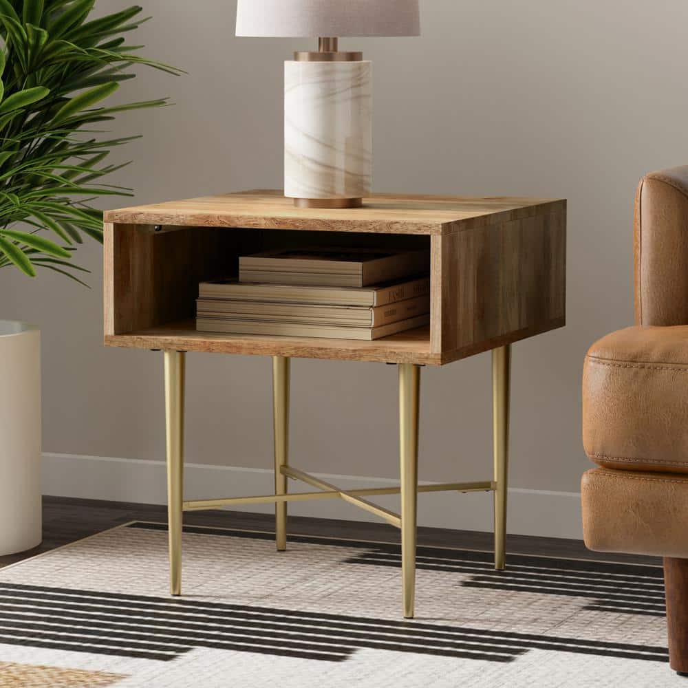 Natural Mango Wood and Gold Metal Square End Table with Storage