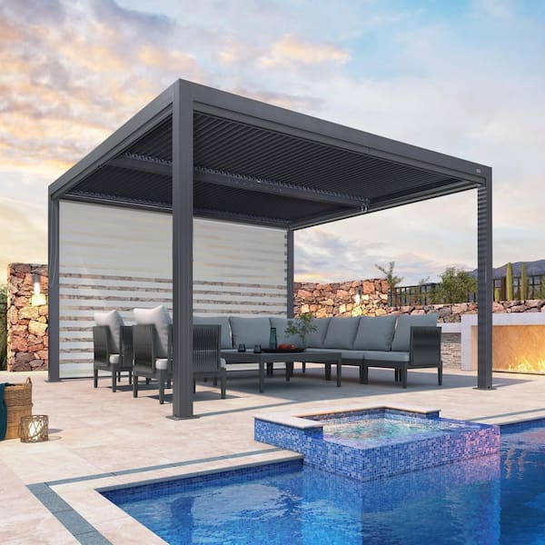 12 ft. x 12 ft. Gray Aluminum Frame Louvered Pergola with Adjustable Sunshade Roofs and 1-Side Roller Shades