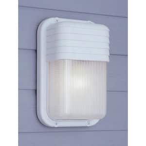 Mesa 10 in. 1-Light White Rectangular Bulkhead Outdoor Wall Light Fixture with Ribbed Acrylic Shade