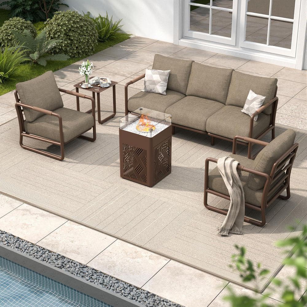 5-Seats Patio Conversation Sofa Set with 45,000 BTU Fire Pit Table, Brown price history on PriceWatchPro