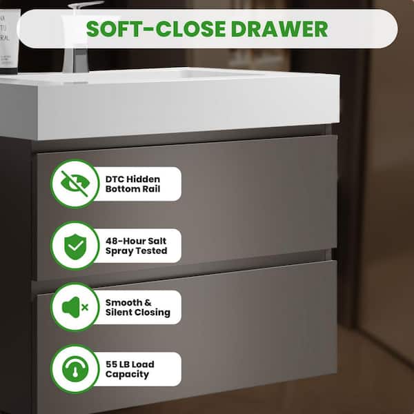 24 in. Wall Mount Modern Single Sink Gray Bath Vanity with One-Piece White Solid Surface Top Sink Pre-assembled