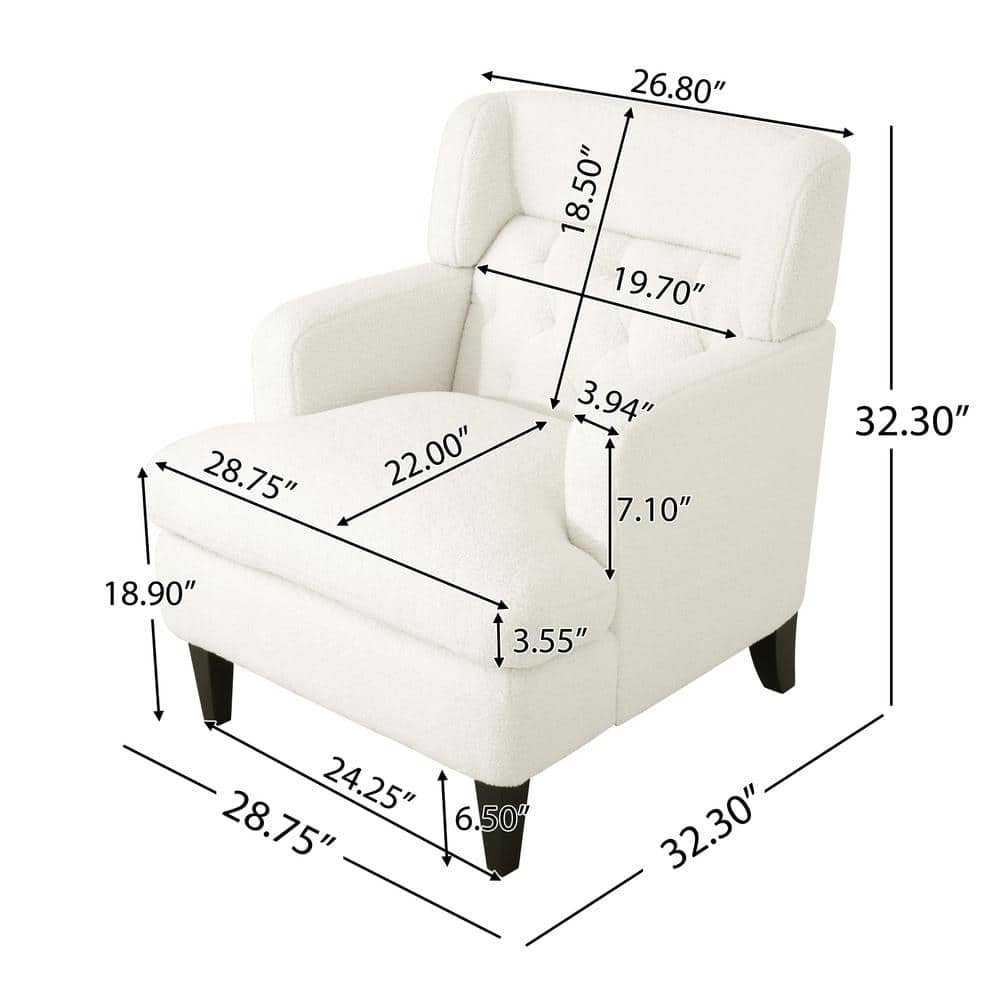 Modern White Teddy Fabric Upholstered Accent Chair with Wood Legs