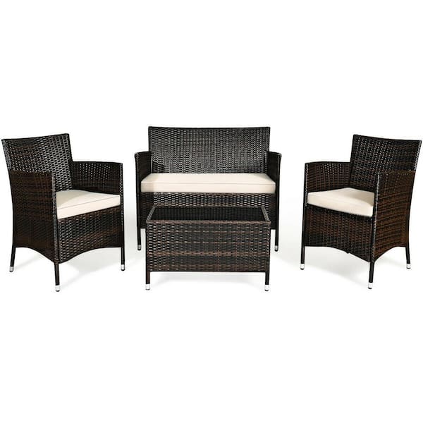 ANGELES HOME 4-Piece PE Wicker Patio Conversation Set with Khaki Cushion