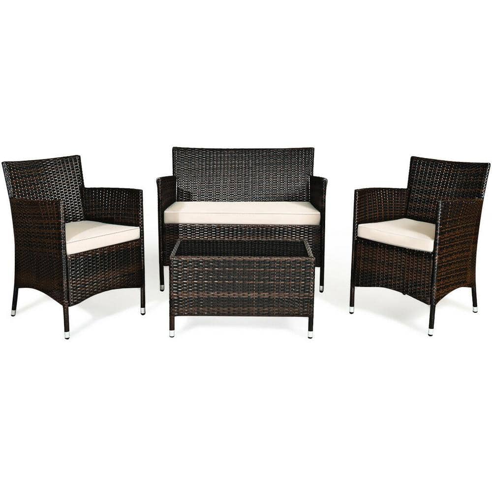 Brown 4-Piece Rattan Patio Conversation Set with Beige Cushions
