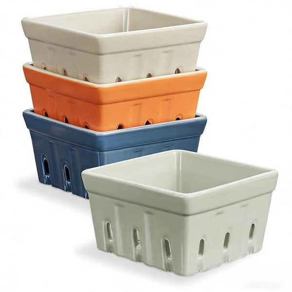 4 Piece Rustic Stoneware Assorted Color Fruit Bowls Square Berry Bowls Set Ceramic Berry Basket for Kitchen Organizer