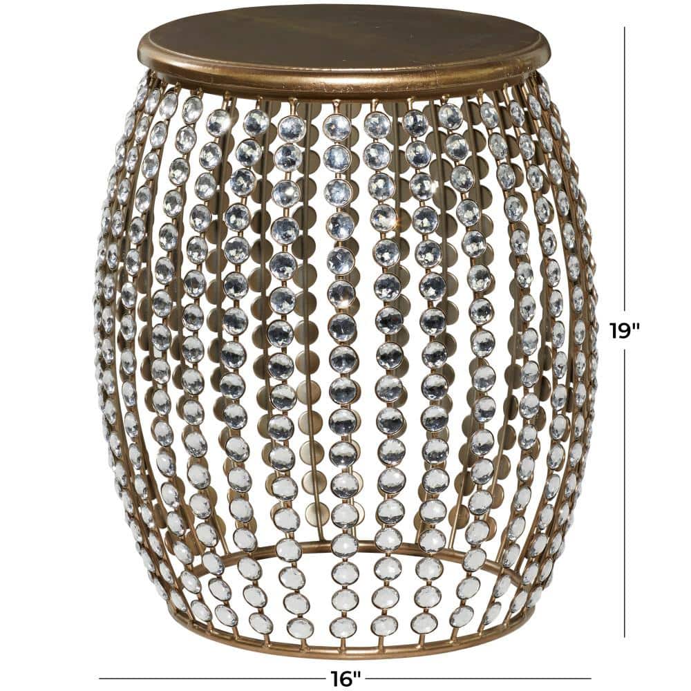 Elegant Gold 20" Round Wood & Metal Accent Table with Crystal Embellishments