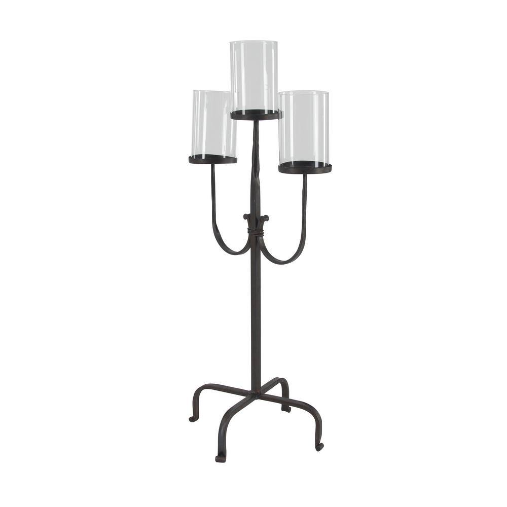 Black Iron 3-Light Hurricane Candelabra with Glass Shades