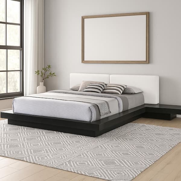 Benjara Nia Black and White Faux Leather Wood Frame King Size Platform Bed with 2-Nightstands