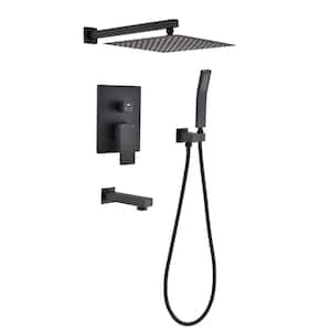 1-spray 10 in. Wall Mounted Dual Shower Head and Handheld Shower Head with Tub Spout Faucet in Matte Black