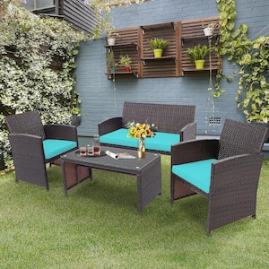 Brown 4-Piece Rattan Furniture Set Patio Conversation Set with Turquoise Cushions