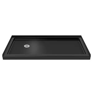 Infinity-Z 32 in. x 60 in. Semi-Frameless Glass Sliding Shower Door in Chrome Shower Pan Base in Black with Left Drain