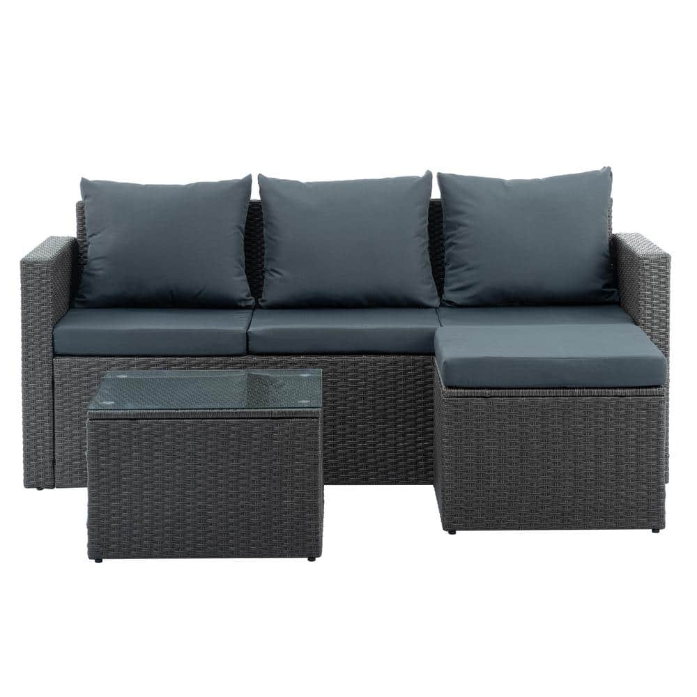 3-Piece PE Wicker Outdoor Furniture Conversation Set with Tempered Glass Co
