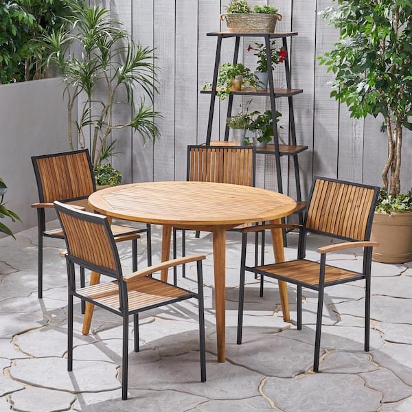 Noble House Alhaven Black 5-Piece Wood Round Patio Outdoor Dining Set