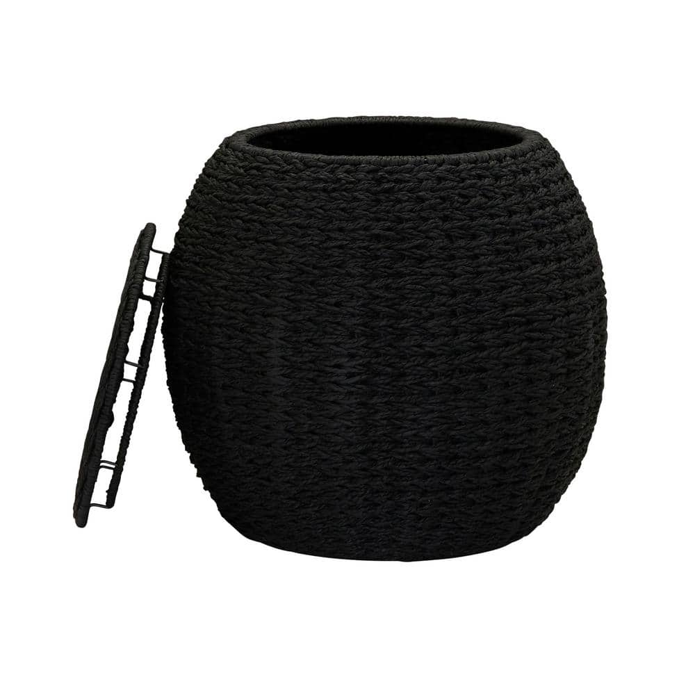 Black Handwoven Paper Rope Barrel Wicker Storage Basket Side Table