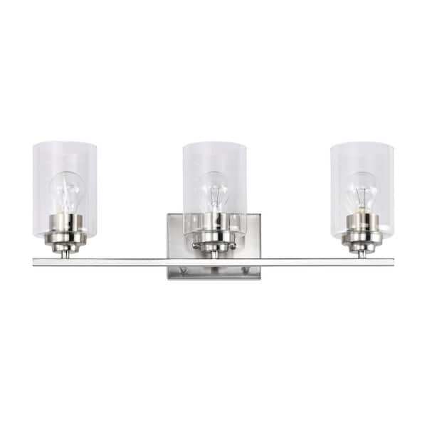 Edvivi 22 in. 3-Light Brushed Nickel Vanity Light with Clear Glass Shades