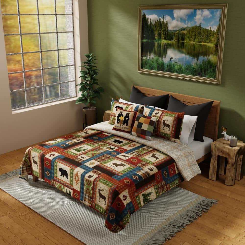 King Reversible Brown Microfiber Quilt Set with Wildlife Motifs