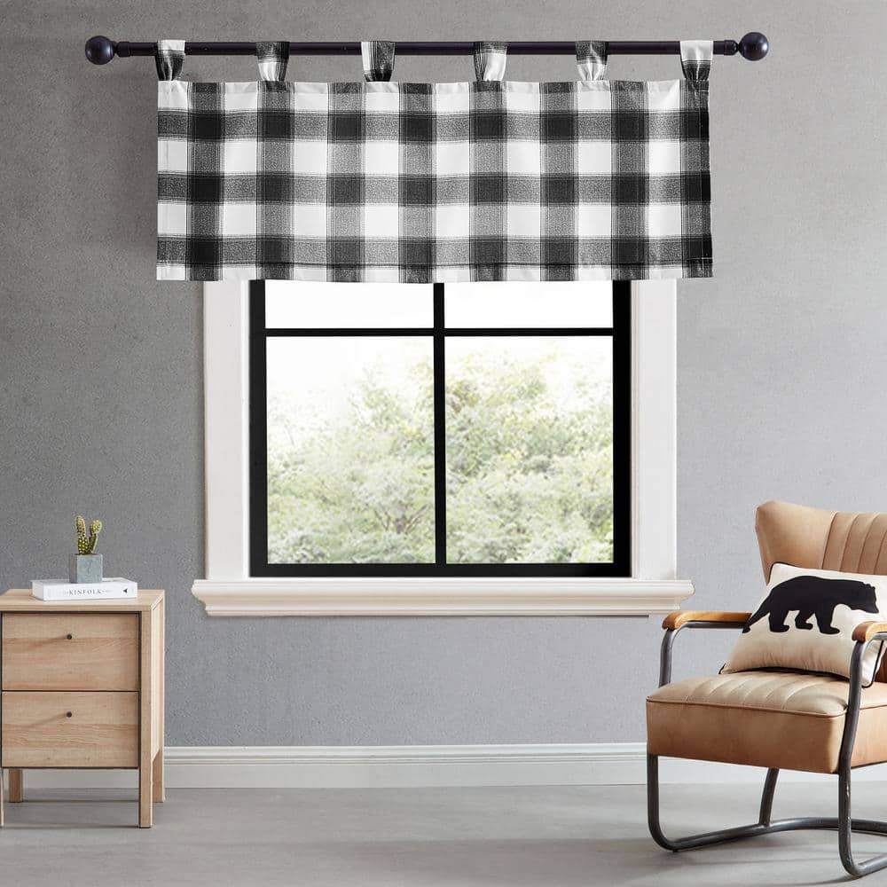 Canyon Plaid Black and White Polyester Tab Top Window Valance