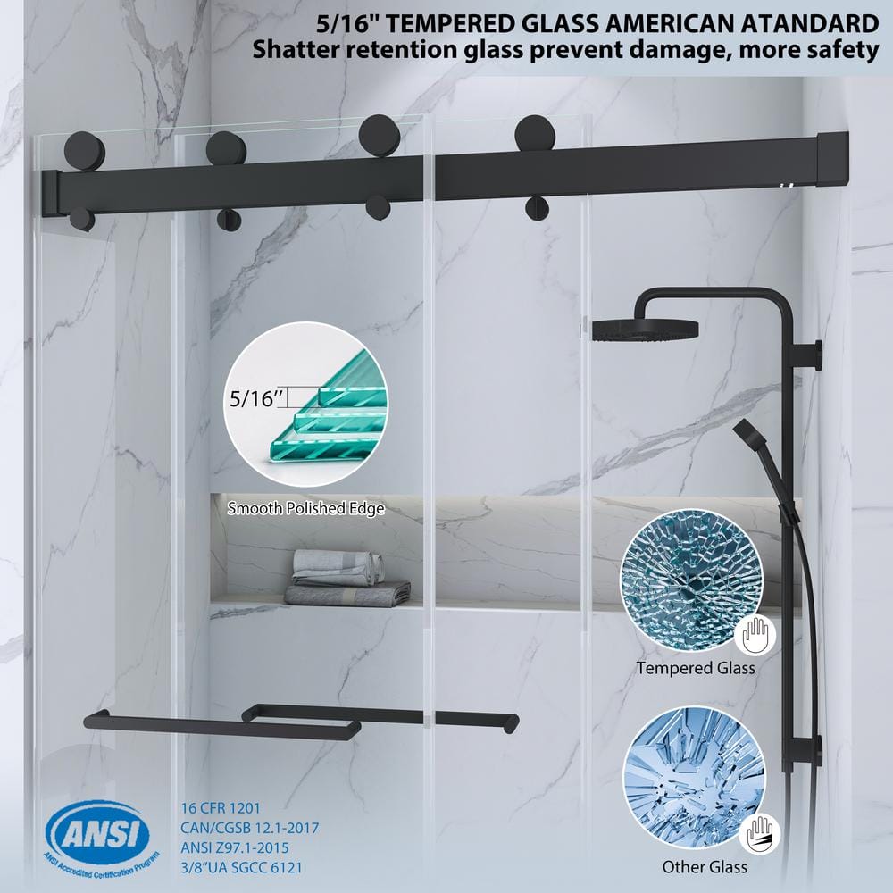 Matte Black Frameless Double Sliding Shower Door with Handles